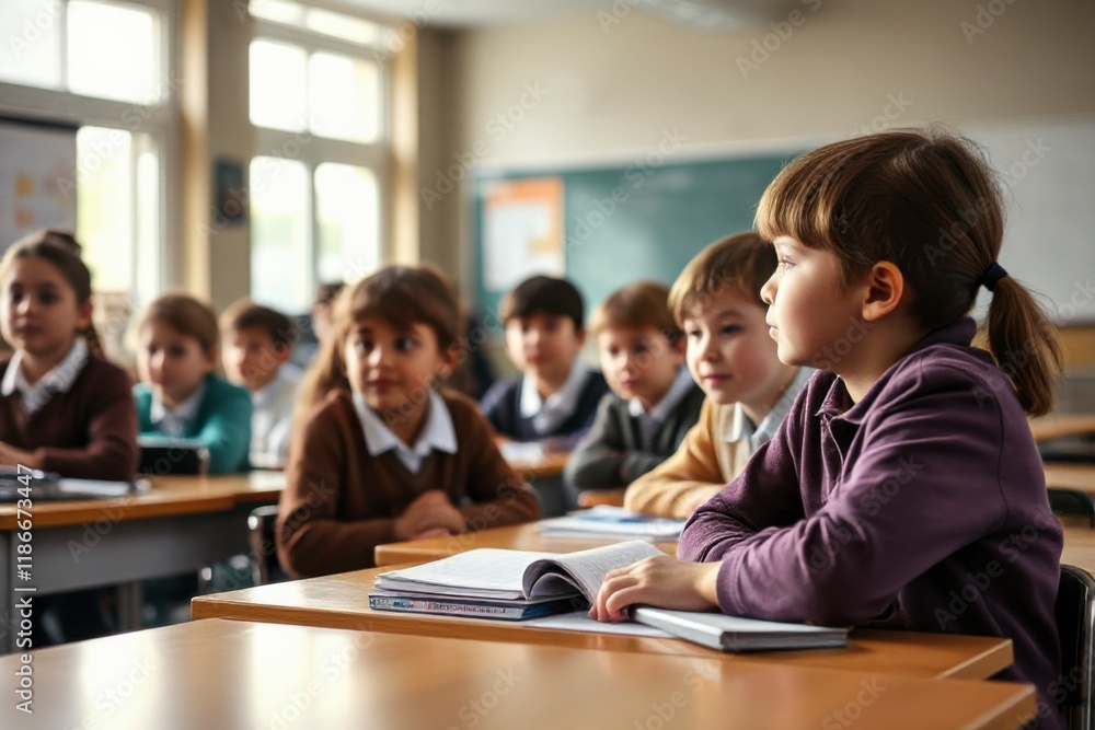 Children sit attentively at their desks, participating in a school lesson, collaborating and learning in a bright classroom setting Children sit attentively at their desks, participating in a school lesson, collaborating and learning in a bright classroom setting