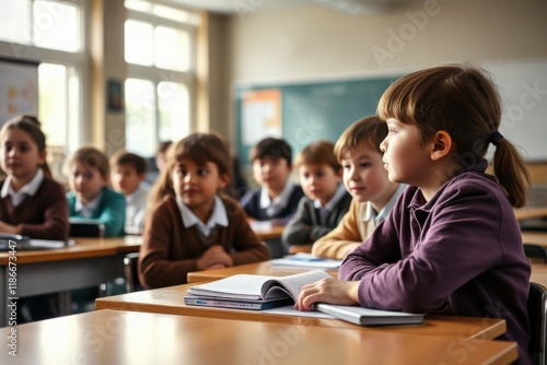 Children sit attentively at their desks, participating in a school lesson, collaborating and learning in a bright classroom setting