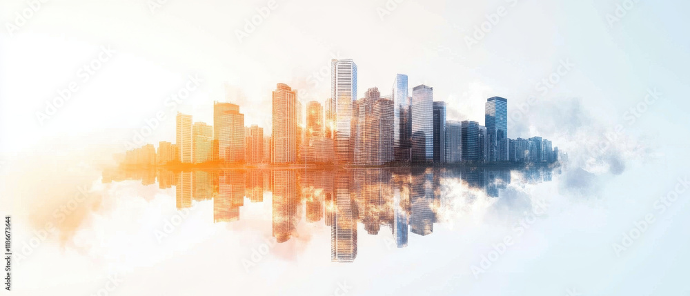 Fototapeta premium stunning city skyline reflecting on water at sunrise, showcasing modern architecture