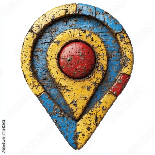 Rustic wooden map pointer with red, yellow, and blue sections, showing wear and tear. photo