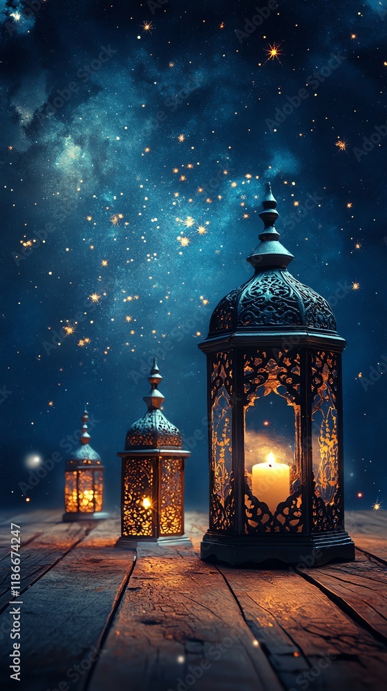 Fototapeta premium Ornate Lanterns Glow Under a Starry Night: A Serene, Mystical Scene