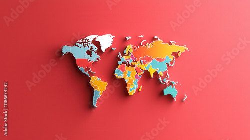 Fototapeta Naklejka Na Ścianę i Meble -  Colorful world map illustration on red background, showcasing various countries in distinct colors, ideal for educational or decorative purposes