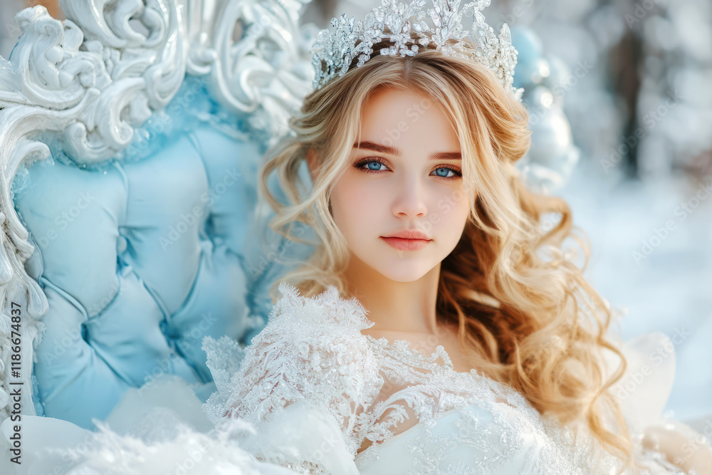 Elegant Bride in a Winter Wonderland with Crown and Luxurious White Wedding Dress Elegant Bride in a Winter Wonderland with Crown and Luxurious White Wedding Dress