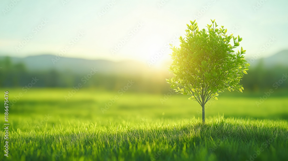 Obraz premium Lush green landscape with vibrant tree basking in sunlight, showcasing nature's beauty and tranquility. Perfect for serene outdoor inspiration.