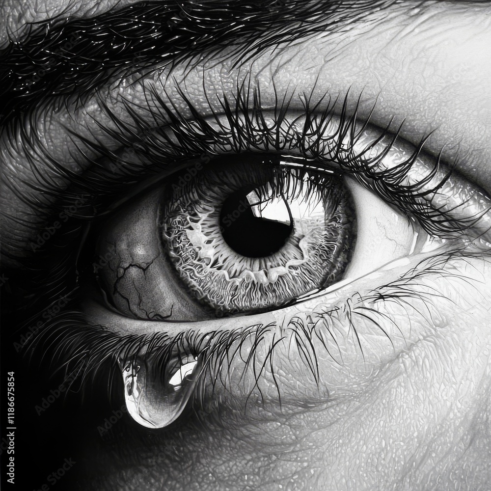 Obraz premium Hyper-realistic Black and White Close-up of a Single Eye with Tear Droplet