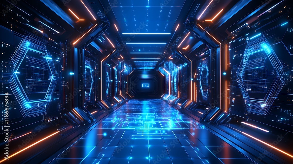 Fototapeta premium Futuristic digital corridor sci-fi setting 3d environment virtual space