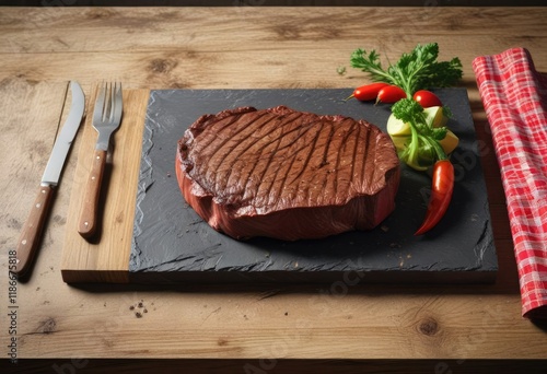 A big beef steak on a stone plate with a wooden tablecloth and a canvas wall behind , outdoor, rustic, stone plate photo