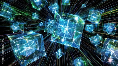 Abstract glowing cubes exploding in dark space.