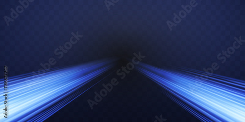 Speed rays, light neon flow, zoom in motion effect, blue glow speed lines, colorful light trails, perspective stripes. Abstract background, vector illustration.