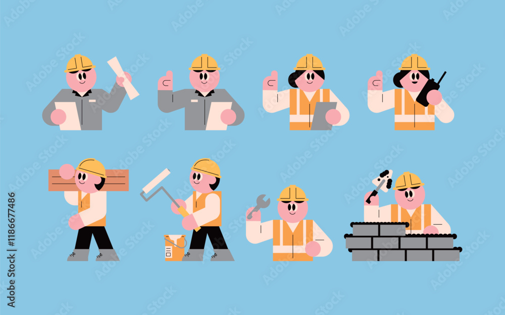 Fototapeta premium Construction site workers. Plasterer. People who build buildings. job. field work.