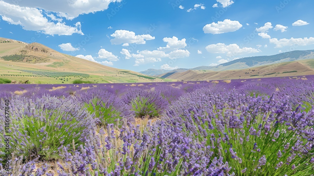Naklejka premium Vibrant lavender field under a sunny sky, surrounded by rolling hills.