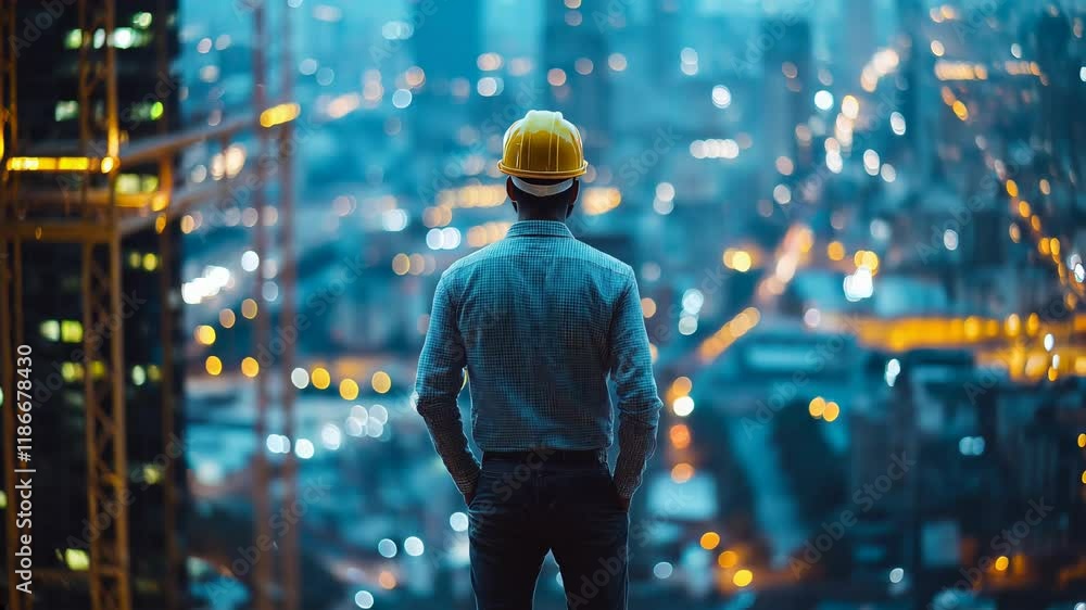 An engineer in a hard hat stands at the edge of a high-rise building, gazing out over a sprawling city illuminated by countless lights against the night sky with the camera rotating around him. An engineer in a hard hat stands at the edge of a high-rise building, gazing out over a sprawling city illuminated by countless lights against the night sky with the camera rotating around him.