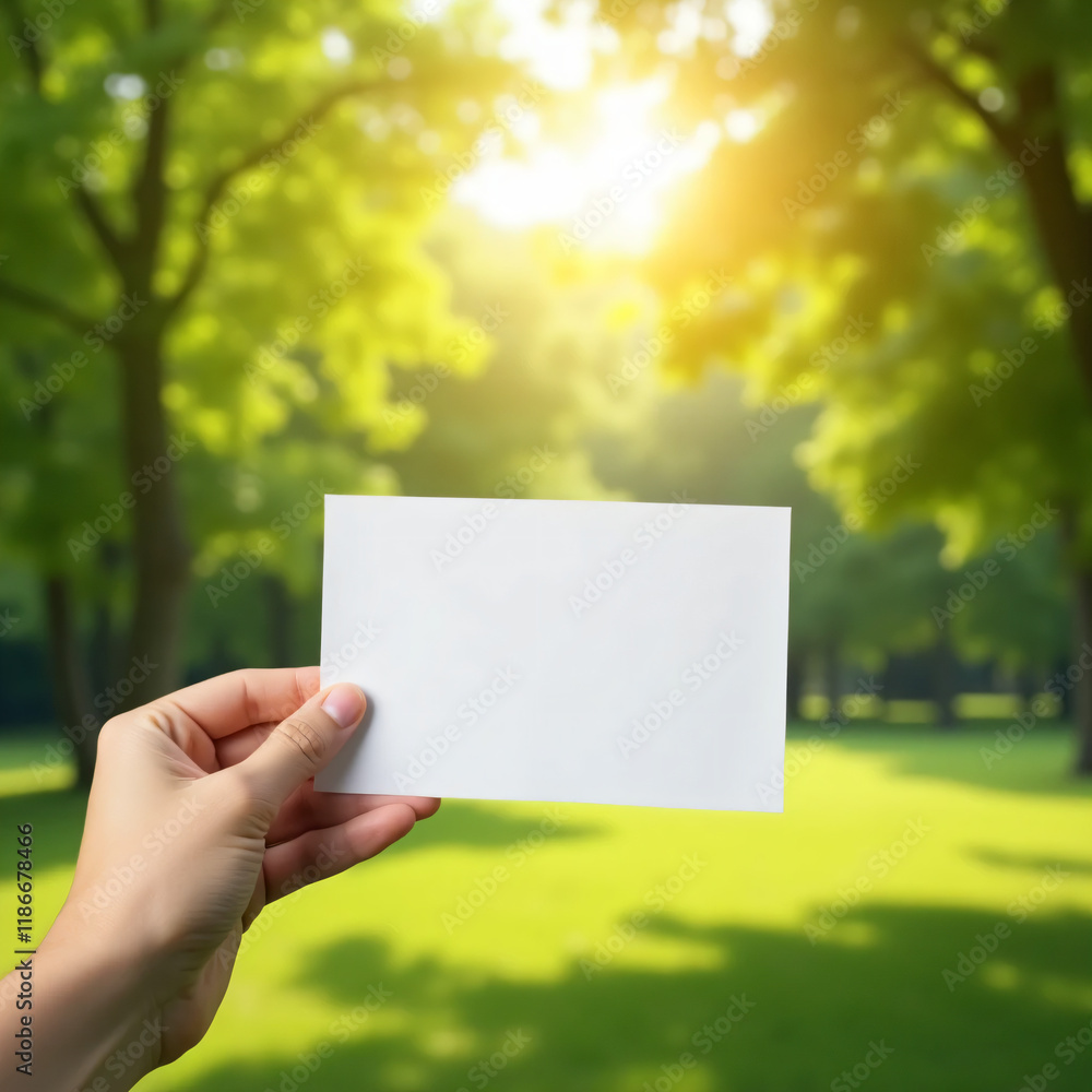 Holding a Blank Card Against a Sun-Drenched Park Backdrop Holding a Blank Card Against a Sun-Drenched Park Backdrop