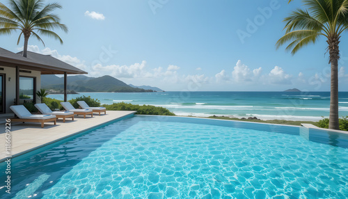 A luxurious swimming pool overlooking the sea under a clear blue sky, showcasing relaxation, tropical vacation vibes, and the tranquility of coastal getaways in summer. photo