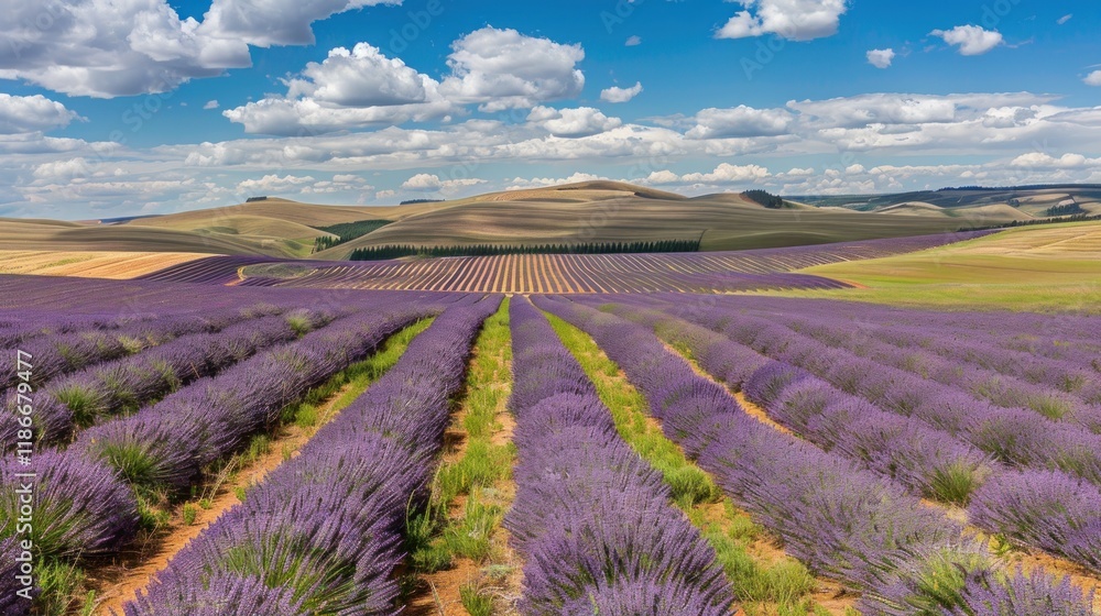 Lavender field under a blue sky with fluffy clouds and rolling hills in the background. Lavender field under a blue sky with fluffy clouds and rolling hills in the background.