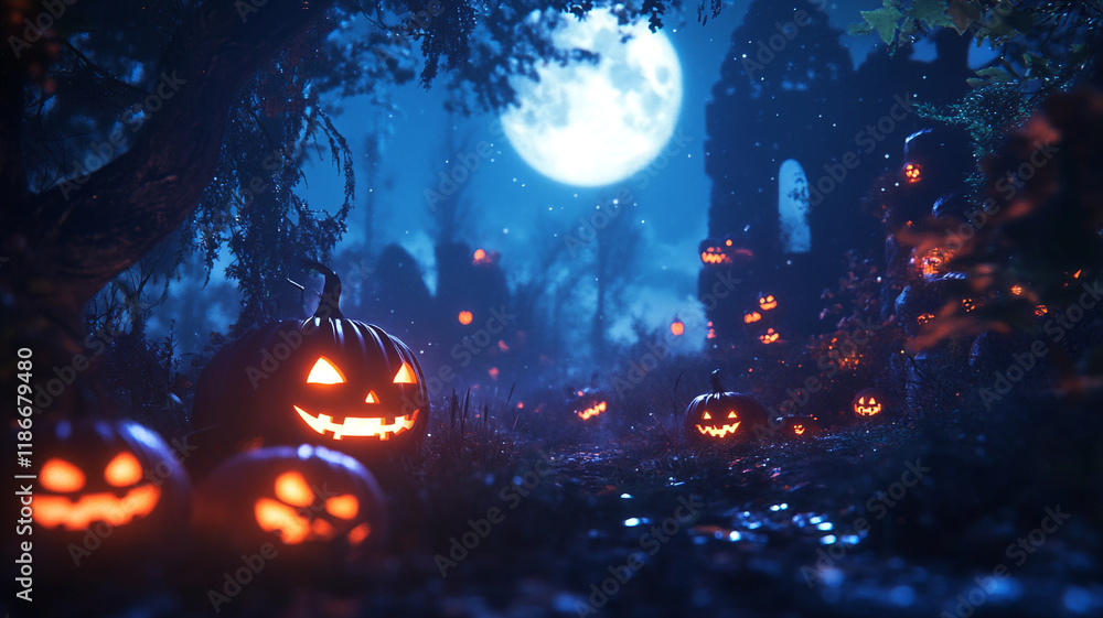 Spooky Halloween Night Scene Jack o lanterns Illuminate Dark Forest Path Full Moon Spooky Halloween Night Scene Jack o lanterns Illuminate Dark Forest Path Full Moon