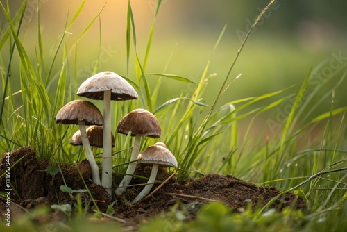 A group of brown and white mushrooms sprout from the earth in a lush meadow with tall blades of grass surrounding them, fungal growth, nature photography photo