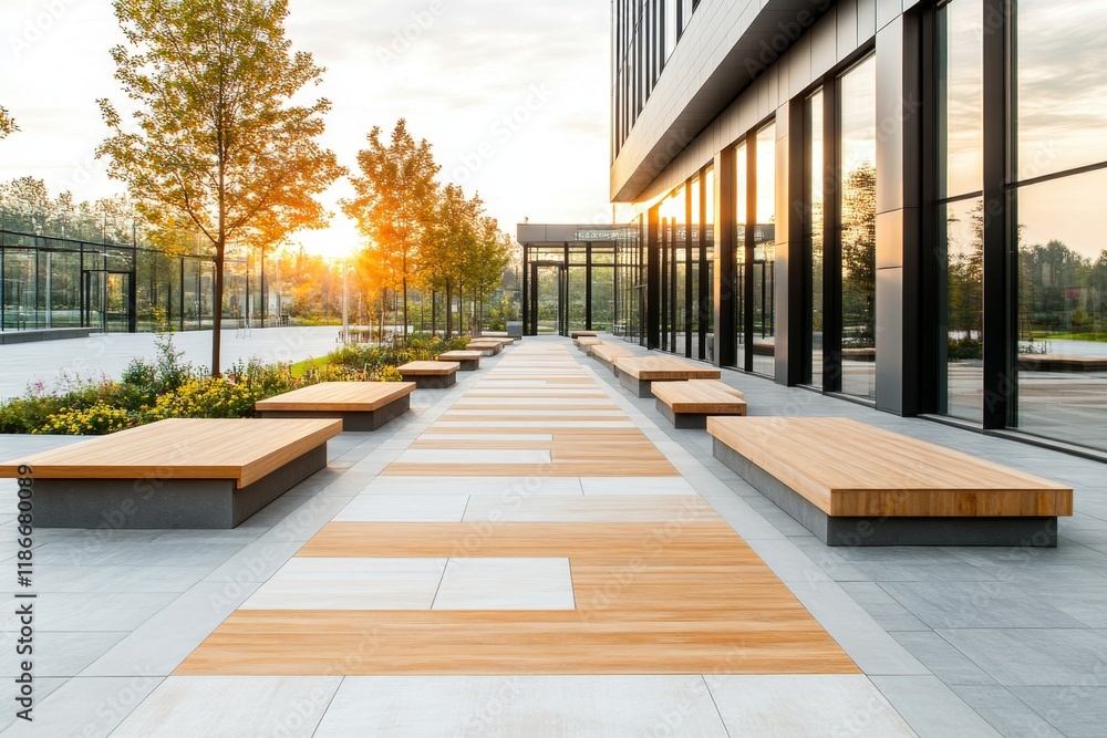 Fototapeta premium A minimalist urban square featuring clean lines, modern sculptures, and open seating areas