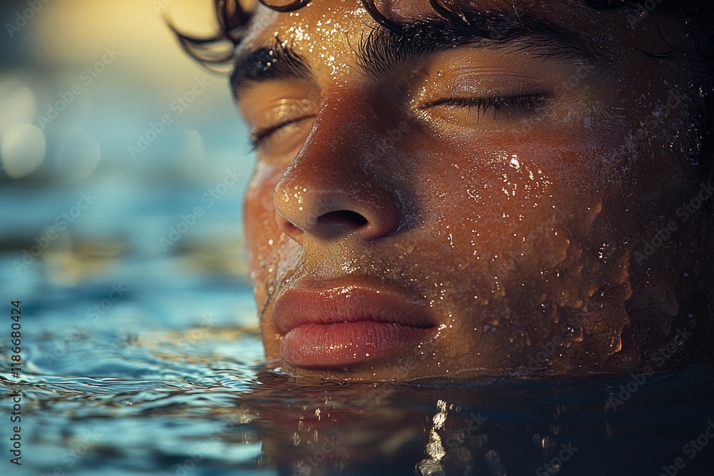 A person swimming underwater with a calm and peaceful expression A person swimming underwater with a calm and peaceful expression