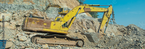 Billede på lærred Panorama heavy-duty excavator and hydraulic breaker working at highway construct