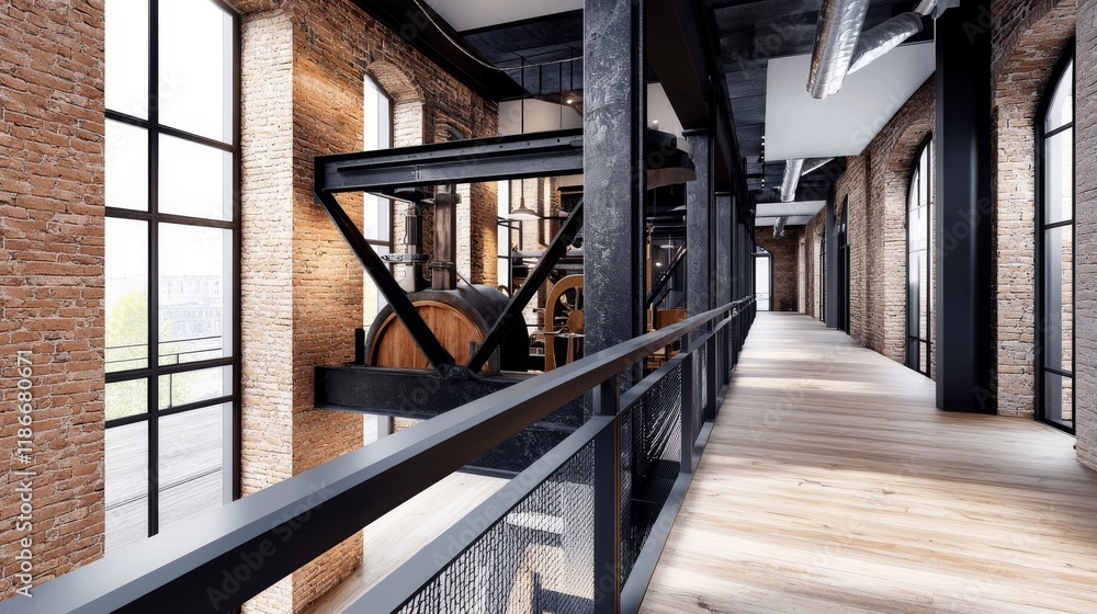Obraz premium Expansive Industrial Loft Interior with Exposed Metal Beams and Large Windows