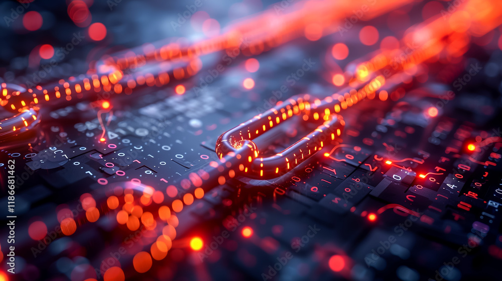 Digital chain links glowing on a matrix of binary code Digital chain links glowing on a matrix of binary code