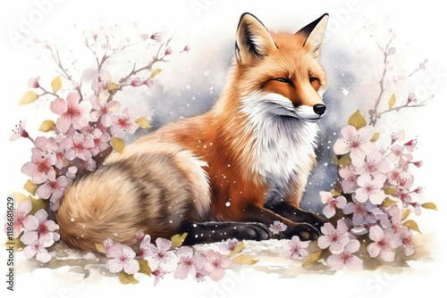 fox among flowering spring branches., watercolor painting , Generative AI photo