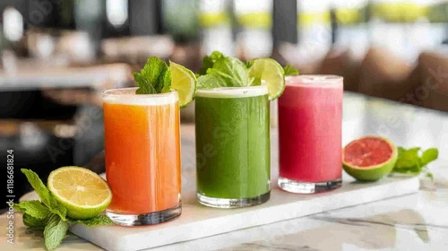 Three colorful fresh fruit juices with garnishes on a white board.