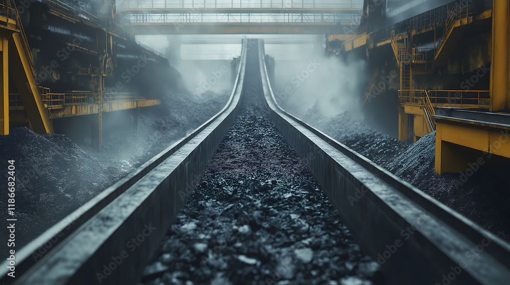 heavy machinery at a coal mining site, with a conveyor belt transporting minerals through a dusty environment, highlighting industrial processes and worker safety. heavy machinery at a coal mining site, with a conveyor belt transporting minerals through a dusty environment, highlighting industrial processes and worker safety.