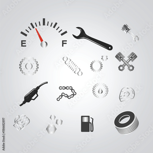 All parts motorcycle icons, helmet, gloves, jacket, petrol pump, Gear, motorcycle parts, bike logo with a silver background