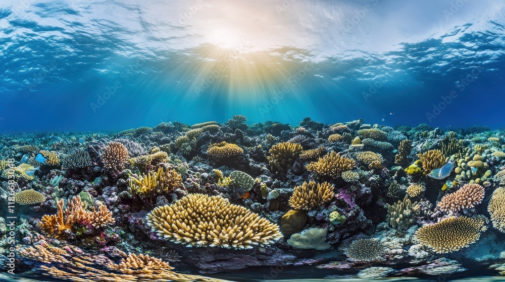 Naklejka premium Sunbeams Illuminating a Vibrant Coral Reef