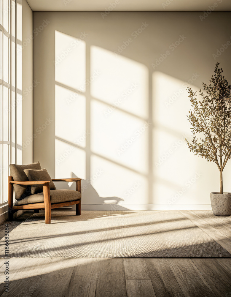 Fototapeta premium Sunlit modern interior with wooden chair and potted plant in minimalist design