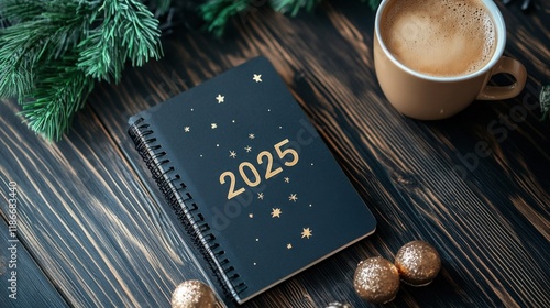 New year resolutions 2025 on desk. 2025 goals list with notebook, coffee cup, plant on wooden table.  photo