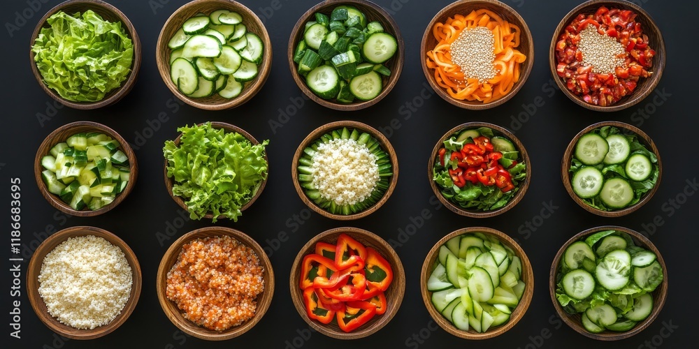 Assorted chopped vegetables and rice in bowls. Assorted chopped vegetables and rice in bowls.