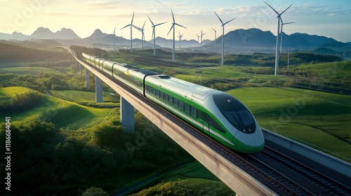 High-Speed Rail Through Green Landscape: A sleek, green high-speed train travels across a modern viaduct.