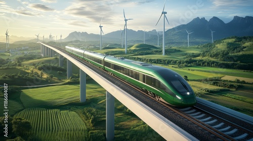 Green Energy High-Speed Train: A sleek, green high-speed train travels across a scenic viaduct, powered by renewable energy from wind turbines in a breathtaking landscape.
