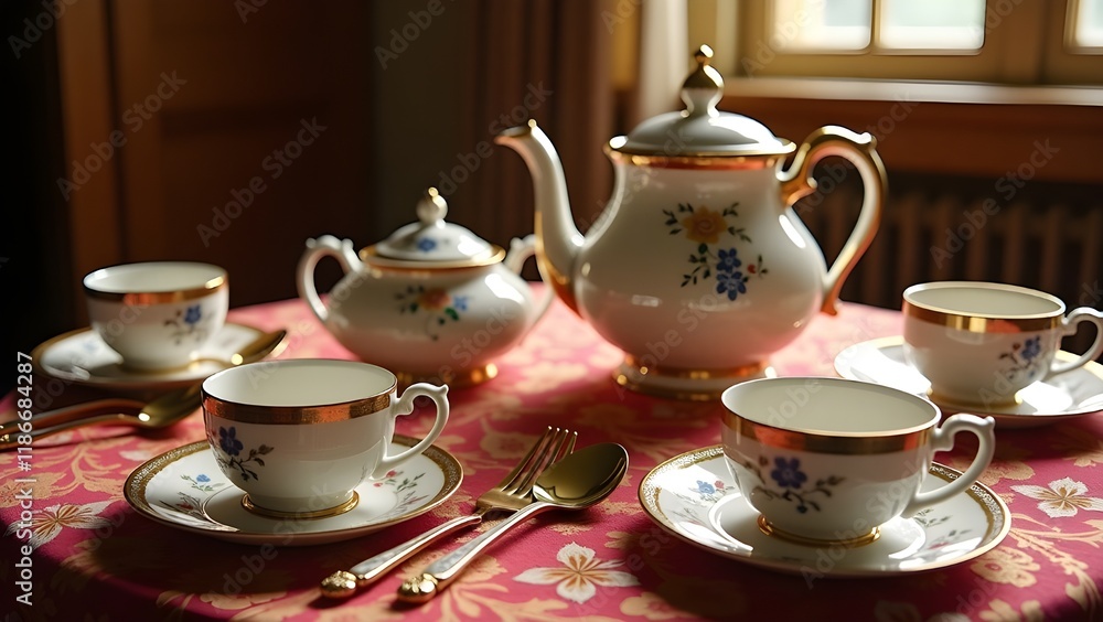A traditional tea set arranged on an intricately patterned tablecloth A traditional tea set arranged on an intricately patterned tablecloth