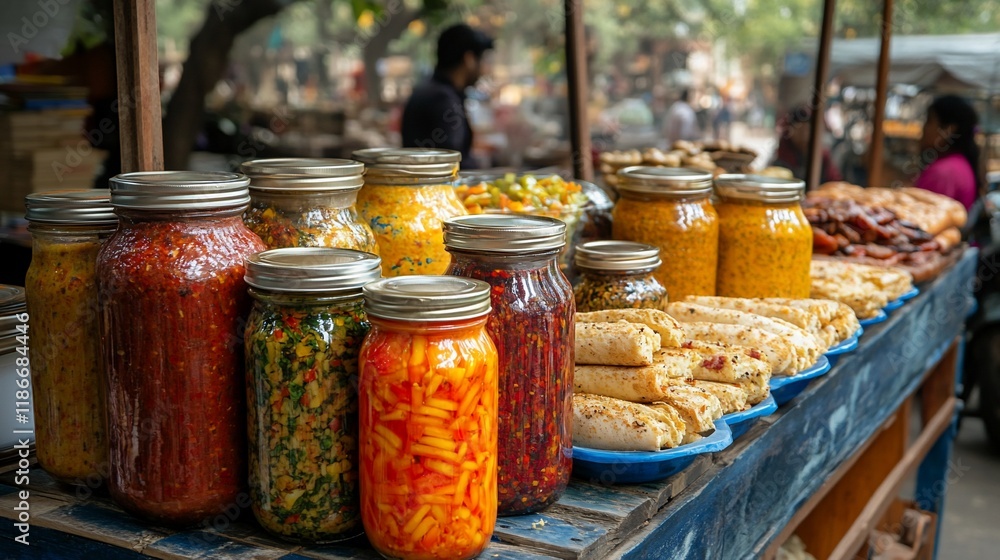 Colorful jars of pickles and preserves displayed at a market stall. Colorful jars of pickles and preserves displayed at a market stall.