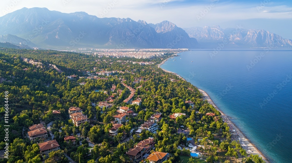 Fototapeta premium Aerial View of a Coastal Town Nestled Amidst Lush Green Foliage and Majestic Mountains