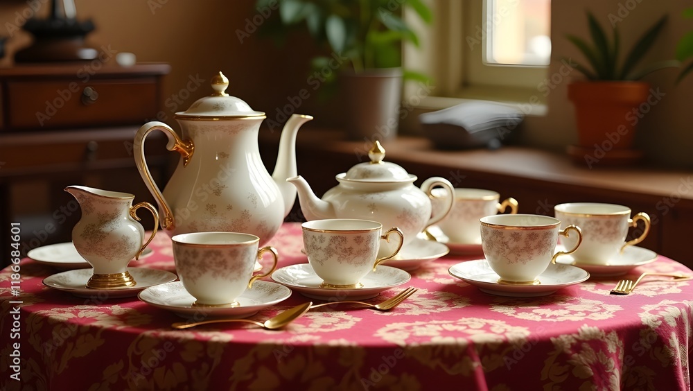 Fototapeta premium A traditional tea set arranged on an intricately patterned tablecloth