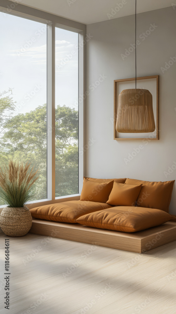 Fototapeta premium Cozy modern interior with comfortable seating and natural light in a serene environment