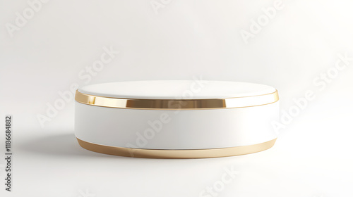 Realistic 3D White Cylindrical Podium with Luxury Gold Ring. Minimalist Mockup Pedestal for Abstract Product Displays and Stage Showcases. photo