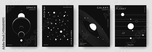 Set of abstract space astronomy backgrounds. Line art planet, galaxy, solar system, universe. Science future concept. Cosmic minimalist design for cover, poster, layout, banner, flyer, brochure