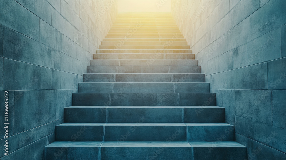 Fototapeta premium Sunlit staircase with stone steps leads upward, evoking a sense of journey, hope, and transformation. Perfect architectural imagery.