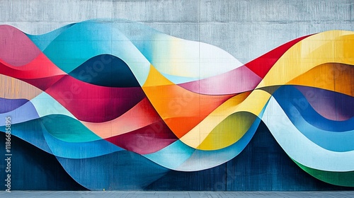 Abstract colorful wave mural on a concrete wall.