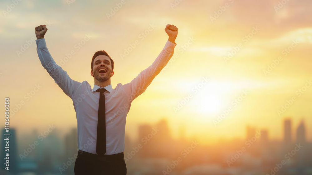 Energetic businessman celebrating success, raising arms triumphantly against city skyline during vibrant sunrise, symbolizing achievement and positivity. Energetic businessman celebrating success, raising arms triumphantly against city skyline during vibrant sunrise, symbolizing achievement and positivity.