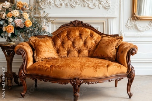 A reupholstered antique settee with luxurious brocade fabric, placed in a tastefully decorated room photo