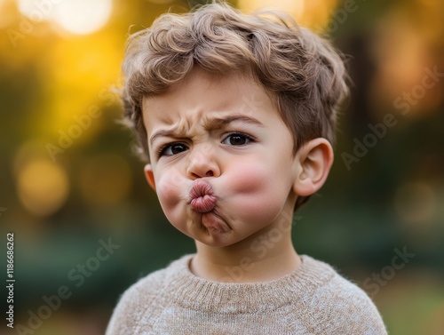 Child making a playful facial expression outdoors during golden hour in a park photo