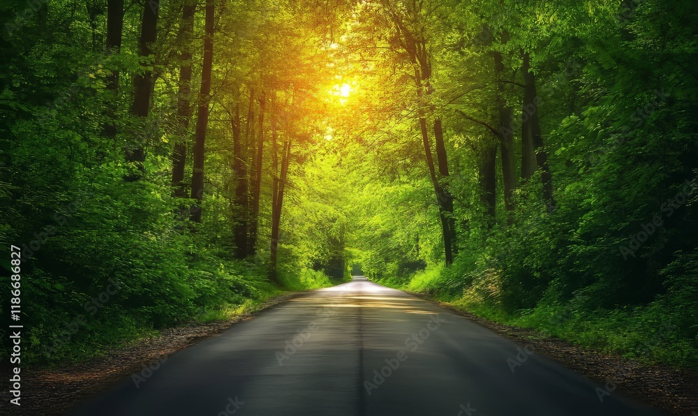 Obraz premium Serenity envelops a winding road under a canopy of vibrant green trees at sunset in a tranquil forest setting