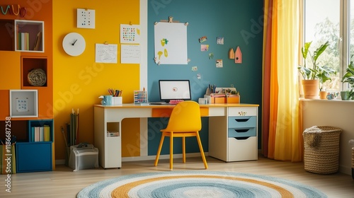 Cheerful study desk for kids with sunny-themed decor.